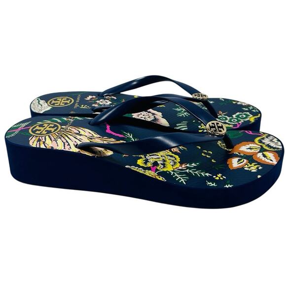 Tory Burch Platform Flip-Flops, floral pattern Montauk Navy/Happy Times. Size 10 - Picture 6 of 8